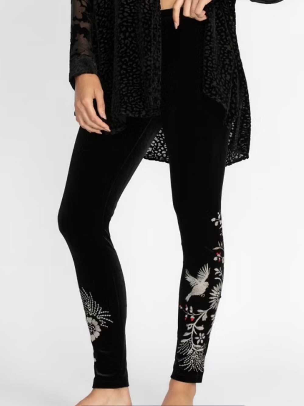 Johnny Was Black Velvet Valentina Embroidered Oriental Inspired Leggings M
